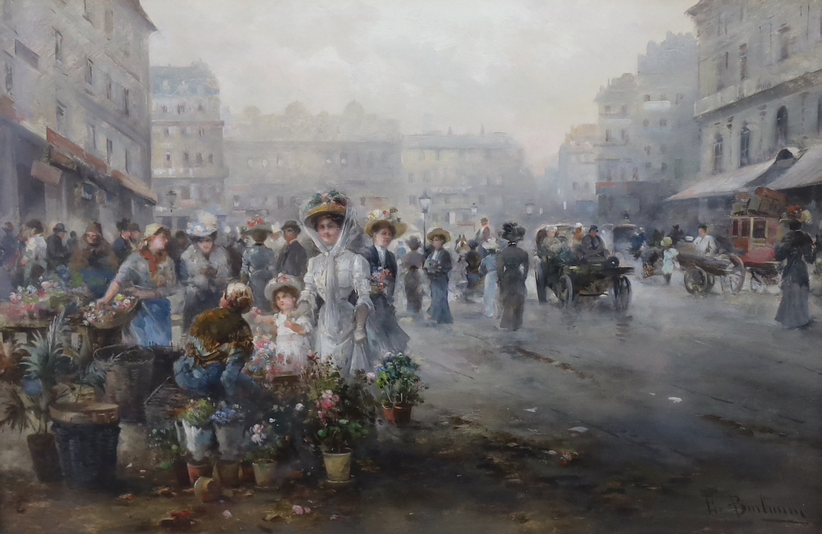 Emil Barbarini (Austrian, 1855-1933), Street scene with figures beside a flower seller, oil on wooden panel, 26 x 39cm